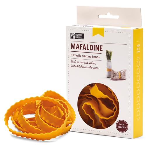 Divertenti fasce in silicone a forma di pasta, set di 8 elastici super resistenti per un uso ripetuto in cucina e in casa, hanno un bell'aspetto e non si strappano! Mafaldine Bands by Monkey Business