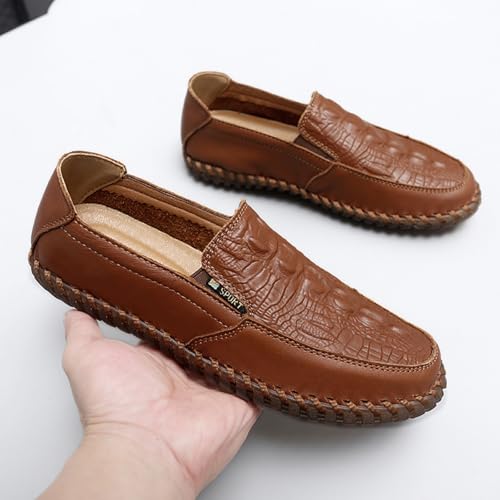 Men's Upper Crocodile - Embossed Loafers, Classic Round Toe Brown Casual Business Dress Shoes with Hand - Stitched Sole and Slip - on Design3