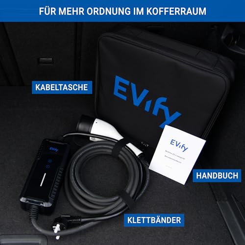 EVify Ladekabel Typ 2 Schuko 3,7kW 7M 16A für Elektroauto & Hybrid inkl. Kabeltasche • Stromstärke/Ladeleistung einstellbar 6|8|10|13|16A, ideal für PV-Anlage