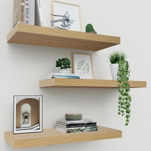 Upassion Floating Shelves for Wall Set of 3 16 Light Brown Wood Wall Shelves for Home Decor Frame Display Floating Shelf for Living Room Bedroom Bathroom Kitchen
