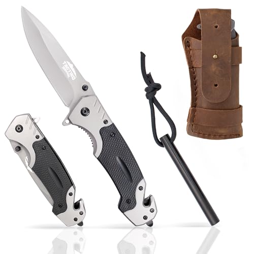 Tactiko Survival Updated Folding Pocket Knife with Fire Starter and Leather Belt Pouch - Emergency Tool Seatbelt Cutter, Glass Breaker, Magnesium Flint - Best for Camping, Hiking, Hunting (Brown)