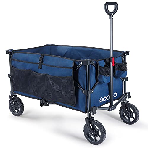 Googo Collapsible Wagon Large Capacity, Heavy Duty Foldable Wagon Cart, Outdoor Garden Cart, Utility Wagon with Cover Bag, Universal Wheels & Adjustable Handle, 5 Storage Pockets & 2 Drink Holders