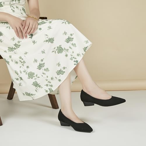 Chunky Heels for Women Knit Ballet Shoes Pointed Toe Low Heel Mesh Comfortable Block Pumps Dress Shoes4