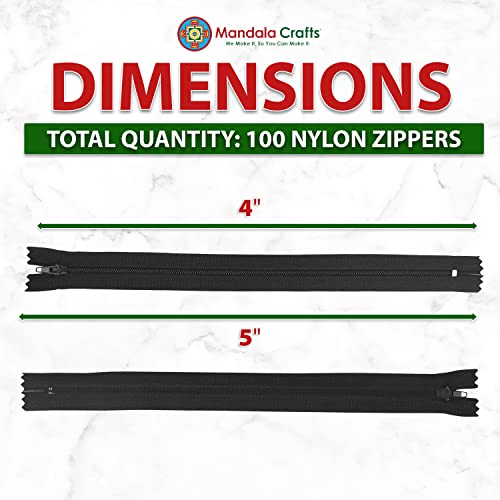 Image of Mandala Crafts 100 PCs Black Closed-End 4 Inch Nylon Zippers for Sewing