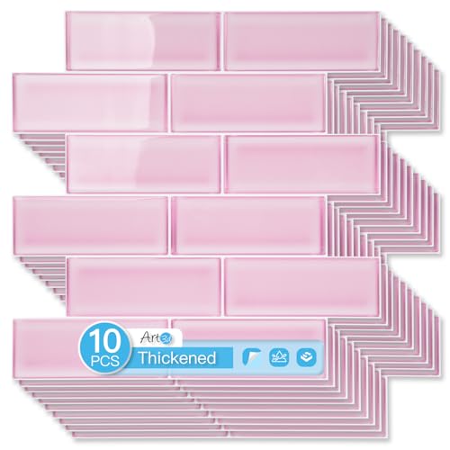 Art3d 10-Pack Heavy-Duty Peel and Stick Backsplash 12 x 12 Inch Vinyl Seaglass Subway Design Stick on Wall Tile for Kitchen Living Room Home Decor Pink