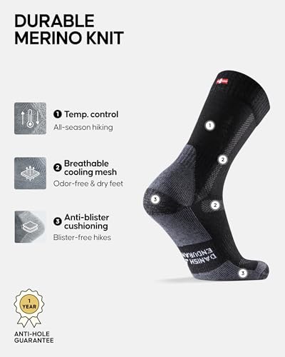 DANISH ENDURANCE Merino Wool Hiking Crew Socks for Men & Women, Cushioned Anti-Blister, Breathable - 3 Pairs2