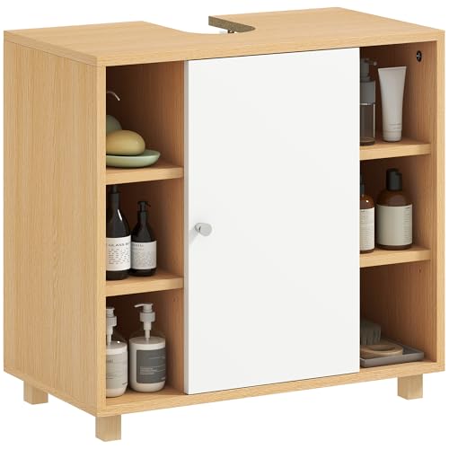 HOMCOM Mobile Sottolavabo per Bagno con 6 Ripiani Aperti e Armadietto, Mobiletto Sottolavabo con Intaglio a U e 2 Ante Soft-Close, per Lavabi con o Senza Colonna, 60x33x57 cm, Color legno e Bianco