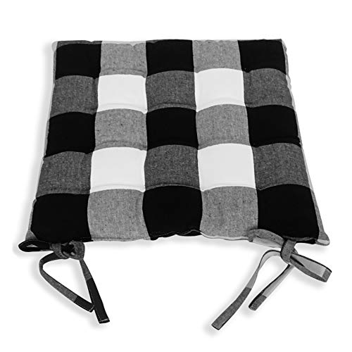 Image of Encasa XO Chair Cushions 40x40 cm with Ties 4 pcs - Buffalo Black Checks - Stripe Cotton Fabric, Rich Square Seat Cushions Micro-Fiber Filling, Large Size for Sitting, Sofa, Dining Table & Outdoor