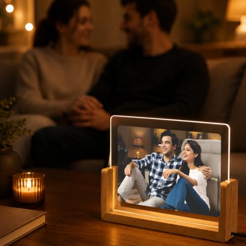 Image of Giftplease Personalized LED Acrylic Photo Frame for Couple with Custom Picture, Wooden Base Night Lamp, Romantic Bedroom Table Decor, Anniversary Memory Display, Birthday, Housewarming, Wedding