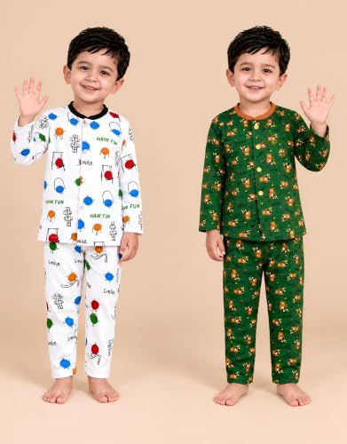Image of 3BROS Kids Pure Cotton Night Suit Set | Boys Girls Printed Sleepwear Shirt & Pajama Clothing Combo | Soft Breathable Night Dress Outfit | Pack of 2