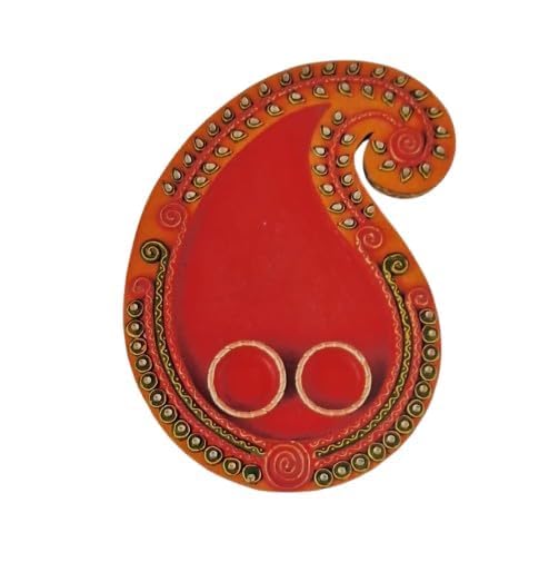 Decorative Paper Mache Pooja Thali, Red and Yellow, 24 cm x 16 cm, Kundan and work mirror
