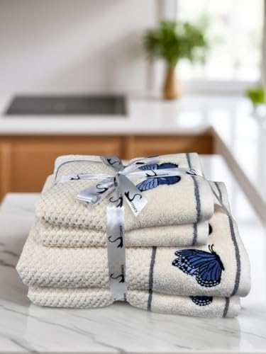 Image of SENSES By Riba Cotton Embroidered Towel Set, 550 GSM Soft & Absorbent, Antimicrobial, Oeko-Tex Certified | Ideal for Home & Gifting, Pack of 4 (2 Bath 27 inchX50 inch + 2 Hand Towels 16 inchX26 inch) - Style 11