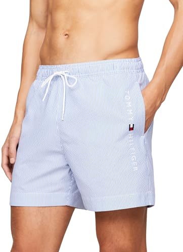 Tommy Hilfiger Bañador para Hombre Medium Drawstring Stripe Pernera Media, Azul (Ithaca White / Blue Spell), M