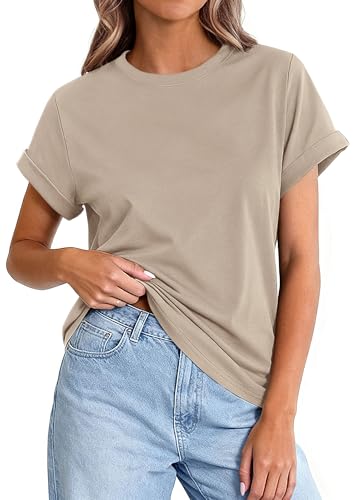 PRETTYGARDEN Womens Summer Tops 2026 Spring Casual Rolled Short Sleeve Basic Tees Crew Neck Work Shirts Fashion Clothing (Apricot X-Large)
