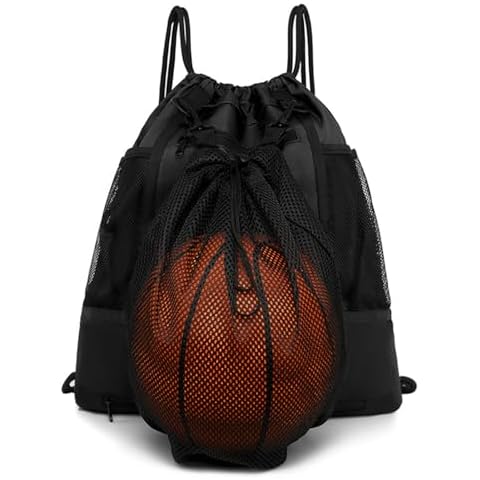 MIRLEWAIY Drawstring Basketball Backpack Waterproof Black Sports Gym Bag with Detachable Draw String Ball & Shoe Net Bag for Men Women Swimming Yoga Beach Travel, Black Cover