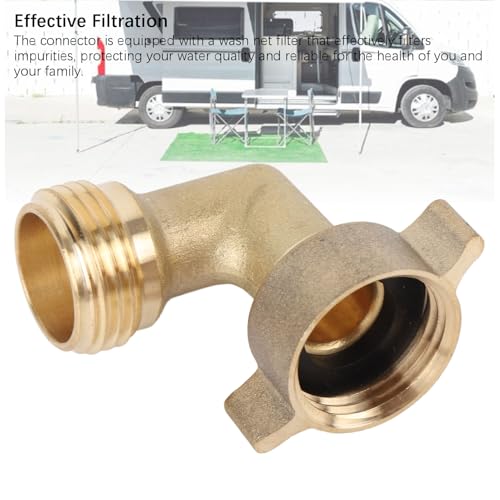 Image of RV 90 Degree Hose Elbow Copper Enhanced Waterflow Efficiency RV Water Hose Connector with Wash Net Filter for Campervan Travel Trailer