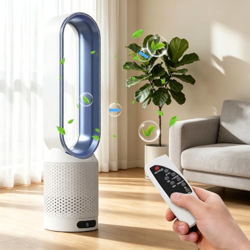 CFITANK Rotorloser Ventilator mit Fernbedienung cooling ace Lüfter Luftkühler mobiles Klimagerät 8 Gänge 90 Oszillation 2H Timer 30W Energiesparend Bladeless Fan für Schlafzimmer Zuhau (Blau)