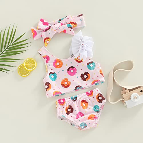 Youweixiong 3Pcs Toddler Infant Baby Girl Swimsuits Doughnut Bikini Sets Sleeveless Tankini Top+Elastic Shorts+Headband Beachwear (White, 18-24 Months)