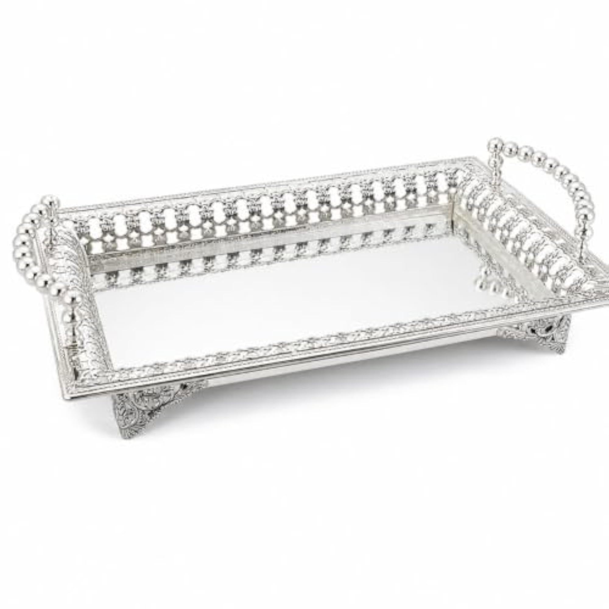 Mirrored Tray with Handles, Ornate Openwork Design