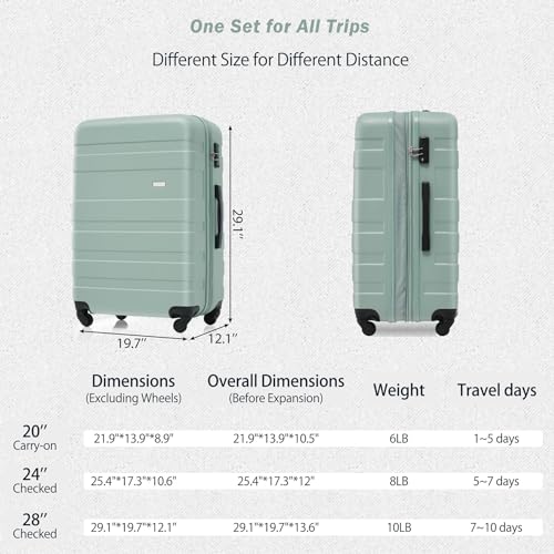 Hardshell Luggage Sets 3 Piece with Spinner Wheels, Expandable Travel Suitcase Sets with TSA Lock for Women Men, Lightweight, ABS Material, 20/24/28 Inch (Spring Green)2