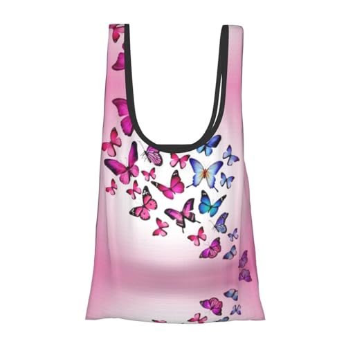 Pink Butterflies Print Grocery Shopping Bags Reusable With Flowers Plant Lover Gifts Shopping Bag Lightweight Foldable Bag