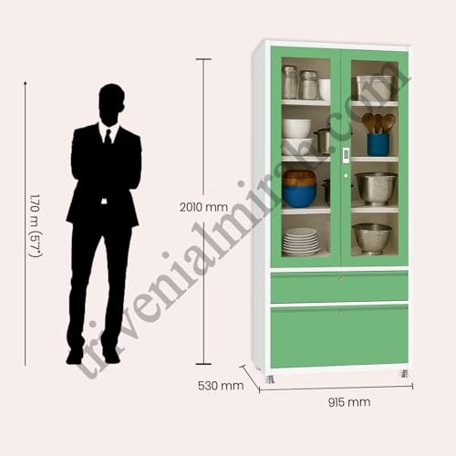 Image of Triveni Almirah Annapurna-5 Steel Wardrobe for Kitchen & Home Use | 10 Year Guarantee on Paint & Locks | 2-Door Glass Almirah with 2 Drawers | Separate Locks for Doors & Drawers | Powder-Coated Finish