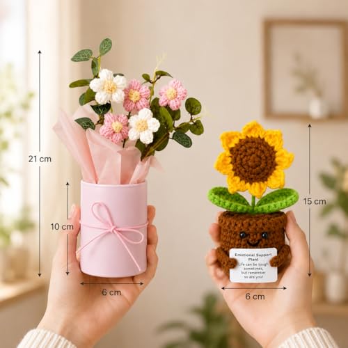 Image of Crochet Flower Bouquet & Emotional Support Sunflower Combo - Handmade Knitted Floral Gift Set | Aesthetic Mini Decor Combo