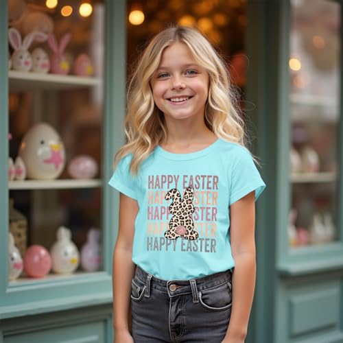 Image of Kid Girls Easter Shirts Happy Easter T-Shirt Funny Leopard Bunny Outfit Short Sleeve Tees Tops Holiday Clothes 7-12Y