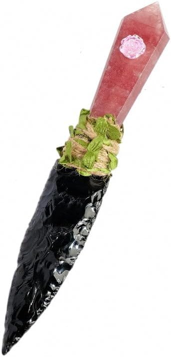 Lumisoul Obsidian Blade-Inspired Desk Ornament with Hand-Carved Details, Polished Edges and Decorative Stand, Approximately 25cm Length and 140–170g Weight (Strawberry Quartz)