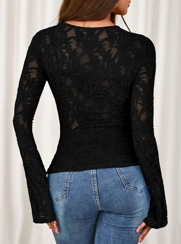 PRETTYGARDEN Womens Lace Long Bell Sleeve Tops 2025 Fall Sexy See Through Sheer Floral Blouse Shirt Fitted Going Out Outfits4