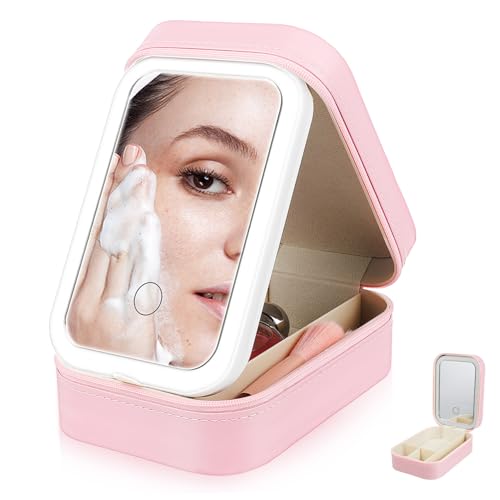 Trousse de Maquillage Miroir LED Lumineux Petit Organisateur Rose Voyage Femme