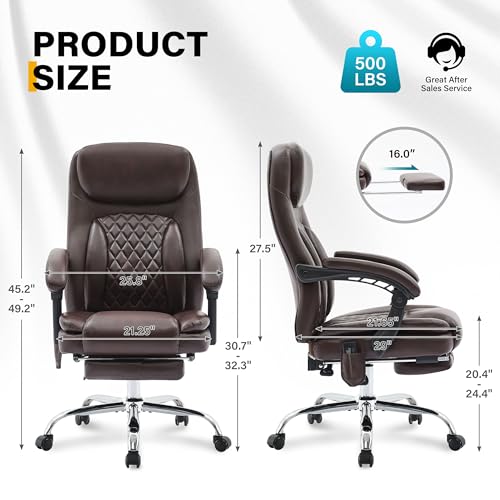 Image of 6-Point Massage Office Chair with Heated, Ergonomic Office Chair with Footrest & 45Reclining High Back, Big and Tall Executive Office Chair 500LBS, Thick Cushion Desk Chair for Home Office, Brown(PU)