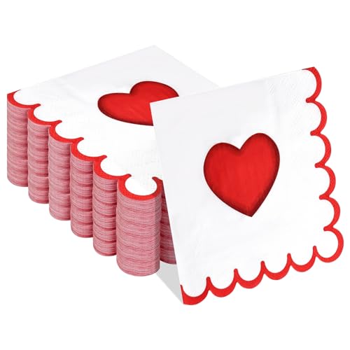 FALIZIFU 50 pcs 3-Ply Valentines Heart Scalloped Napkins Disposable Valentines day Cocktail Napkins Paper Napkins for Dinner Wedding Valentine Party Beverage Napkins