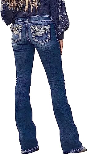 Bootcut Jeans for Women,Stretchy Feather Flower Embroidery Mid Rise Slim Straight Leg Pants Jeans