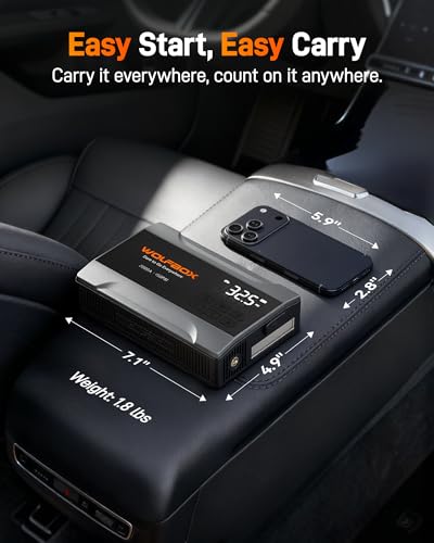 Image of WOLFBOX Portable Car Jump Starter 2000A with Air Compressor for Car, 150PSI Tyre Inflator, 37Wh Battery Booster for Up to 5L Petrol Engine, 12V Jump Starter with Cables, Boost Mode & LED Light