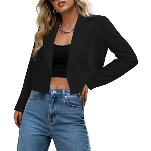Ahlaray Womens Blazer Cropped Short Jacket Long Sleeve Double-Breasted Black Blazer for Work Office