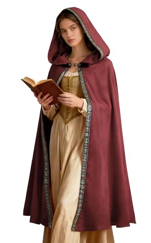 UQJE Burgundy Medieval Cloak with Hood Wizard Cloak Halloween Renaissance Hooded Cape for Man and Women