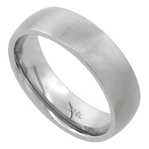 Surgical Stainless Steel 6mm Domed Wedding Band Thumb Ring Comfort-Fit Matte Finish, size 7