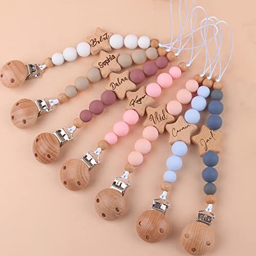 Personalized Pacifier Clip with Name, Engraved Wood Star Pacifier Clip Gift for Boys Girls(Star)