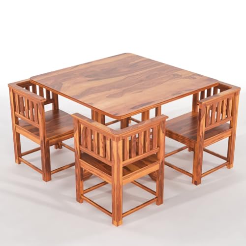 Image of Sheesham Wood 4 Seater Dining Table with 4 Chairs for Living Room Home Office Dining Room Wooden Dininig Set (Natural Finish)
