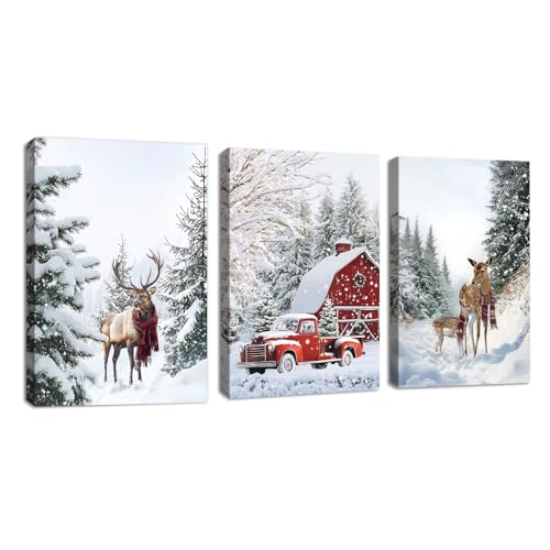 3 Pcs Invierno Blanco Bosque Nieve Cuadros Decoracion Salon Navidad Alce Coche rojo Cabaña Pintar Lienzos Decorativos Escena Nevada láminas Decorativa Dormitorio Comedor Oficina 40x60cmx3 Pcs