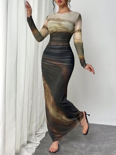 Image of LIGHT DOT Women's Printed Bodycon Maxi Dress Long Sleeve Tie Dye Mesh Ruched Cocktail Dress
