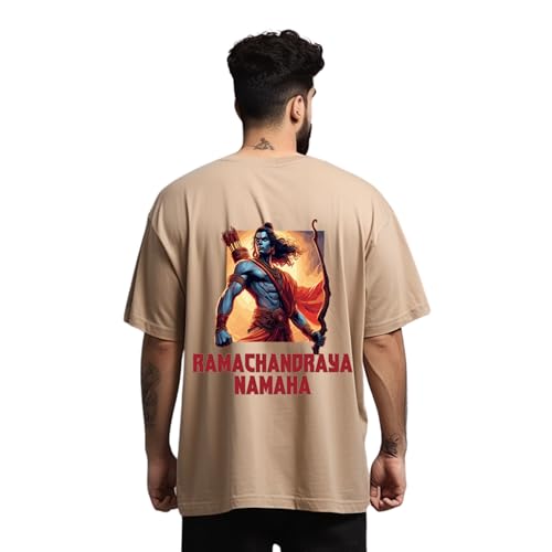 Image of Prabhubhakti Men's Oversized Ramachandraya Printed Beige T-Shirt | Back Print Drop Shoulder Pure Cotton Oversized Tshirt for Men