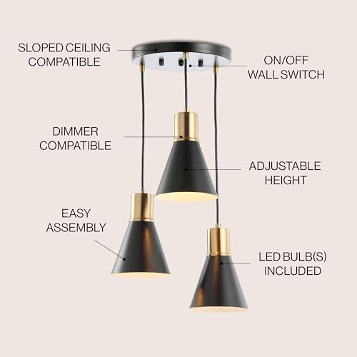 Image of JONATHAN Y Apollo Mid-Century 3-Light Pendant 15 inch, Black /Brass Gold | Modern, Adjustable Height, Metal Cone Shade, Kitchen Island, Hallway, UL Listed, Slope-Compatible, LED Bulb Included