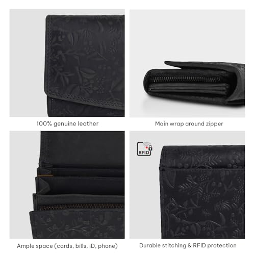 VALENCHI Leather Wallet For Women RFID Blocking Slim Minimalist Ladies Long Clutch Purse Organizer Credit Card Holder Slots with Zipper Pocket (Black Oily Hunter)4