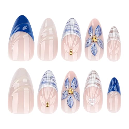 Image of Flower Nail Press ons French Tip Press on Nails Ocean Shell Fake Nails Glossy Full Cover Glue on Nails Artificial Acrylic Stick on Nail Medium Almond False Nail for Women Girls Manicure 24Pcs