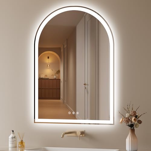 Image of Arched Bathroom Mirror with Lights 28 inchx40 inch- Frameless LED Mirror for Bathroom, Fogless, Dimmable, 3 Color Changing, Shatterproof, Touch Sensor