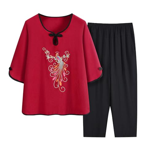 Oplxuo Women Tang Suit Chinese Cheongsam Shirt Capri Pants Sets, Frog Button Embroidery Tai Chi Clothing Kung Fu Clothing