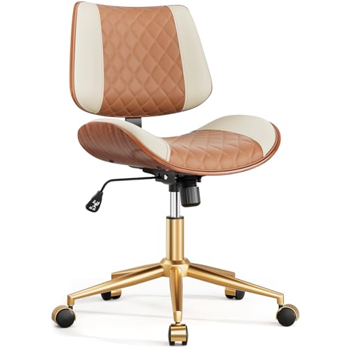 Image of Armless Office Chair with Back, Mid Century Modern Small Desk Chair, No Arms Leather Computer Chair for Home Office, Swivel Vanity Chair, Rolling, Adjustable Height (Brown+Beige)