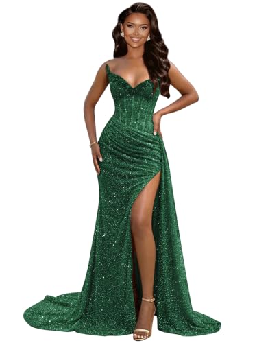 YIBKZ Long Prom Dresses for Teens 2026 Emerald Green Sequin Evening Dress with Slit Sleeveless Pleated Tight Corset Cocktail Party Gown Size 6